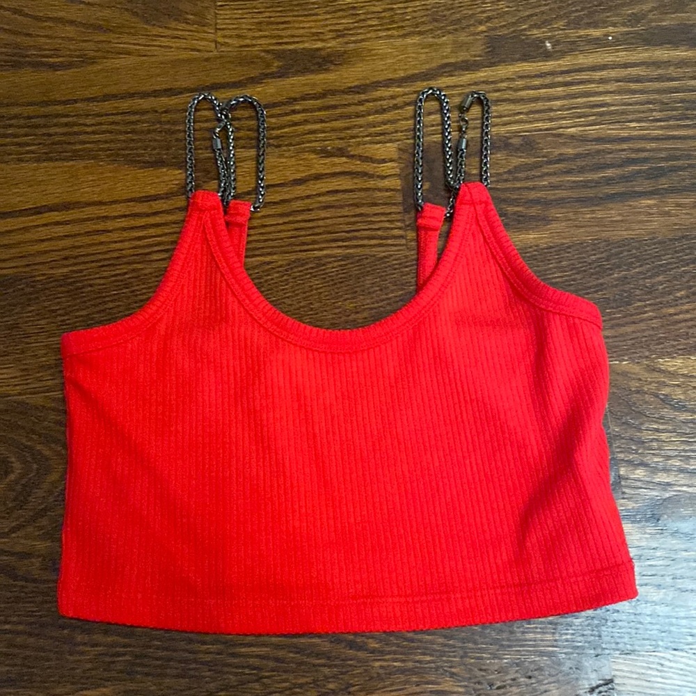 Red cropped tank with double chain straps